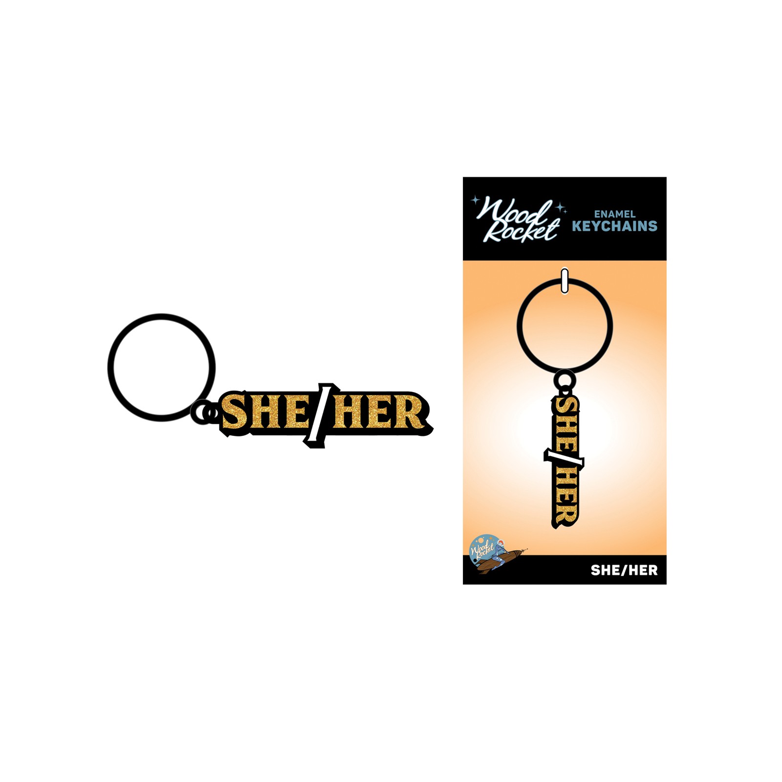 Wood Rocket She/Her Keychain - Black & Gold