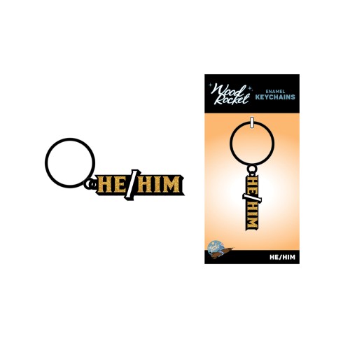 Wood Rocket He/Him Keychain - Black/Gold