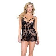 Femme Fatale Scalloped Lace Mesh Chemise & Thong Black SM