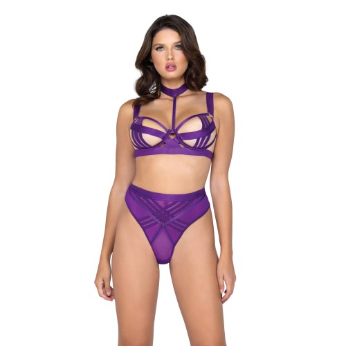 Bondage Stripe Demi Cup Bra & Panty Set - Seductive Purple