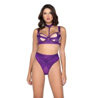 Bondage Stripe Demi Cup Bra & Panty Set - Seductive Purple