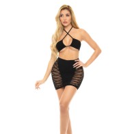 Pink Lipstick Hold on Tight Halter Bra and Skirt Set in Black