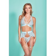 Mercedes Lace Strappy Bra Garter Skirt Set Light Blue