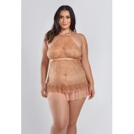 Amber Halter Lace Babydoll with G-String Brown 1X