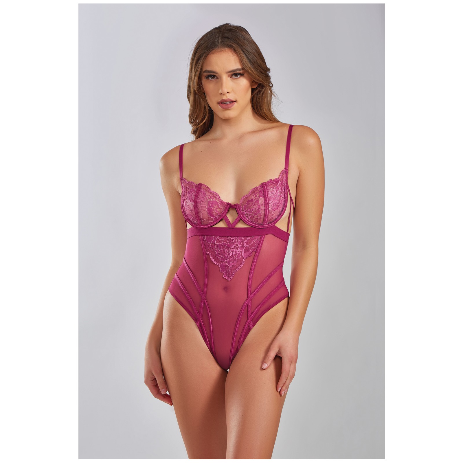 Quinn Cross Dyed Galloon Lace & Mesh Teddy Wine XL