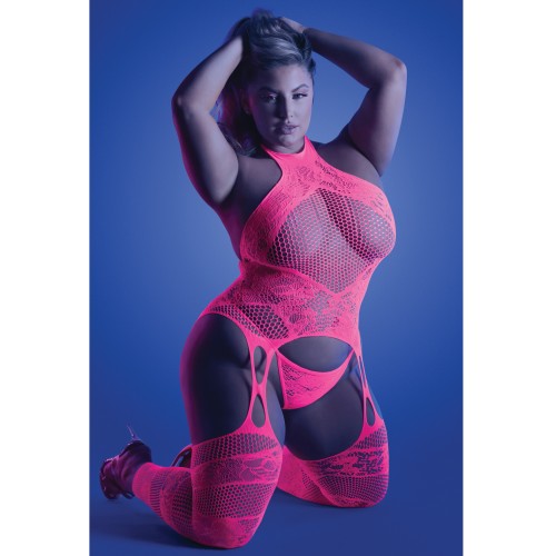 Bodystocking Halter Glow y Tanga - Neon Pink