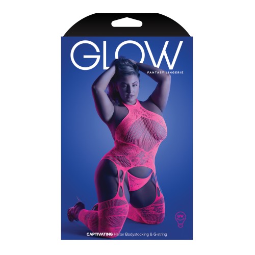 Glow Captivating Halter Bodystocking & G-String - Neon Pink