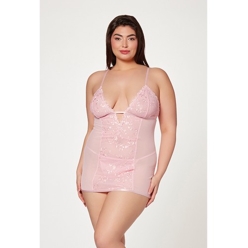 Floral Mesh Chemise and G String Pink 3X 4X