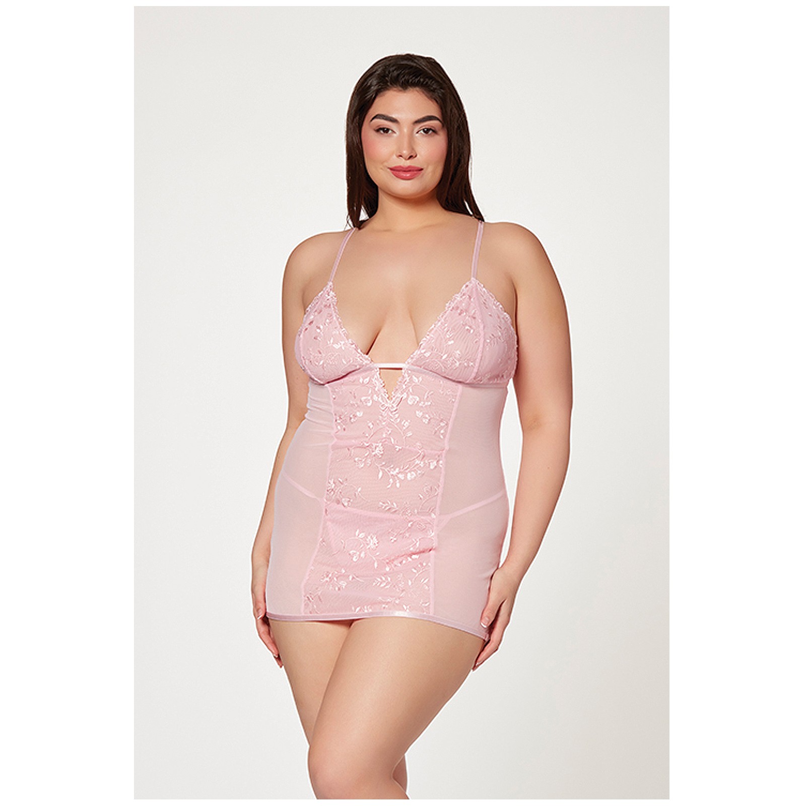 Chemise de Malla Floral y G String Rosa 3X 4X