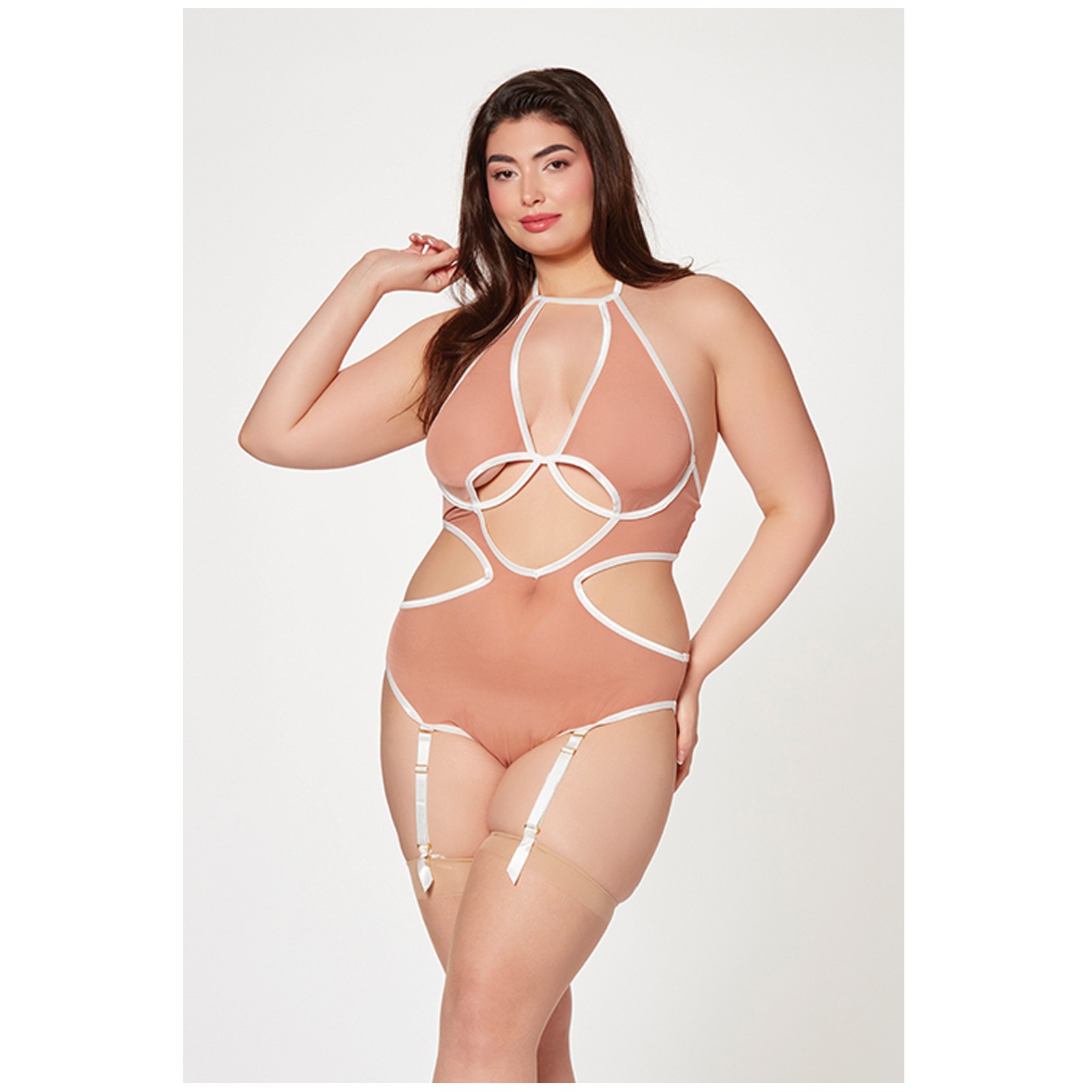 Mesh Cut Out Halter Teddy - Curvy Queen