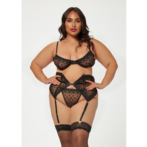 Valentine's Heart Embroidered Lace Bra, Waspie & Panty Set - Black