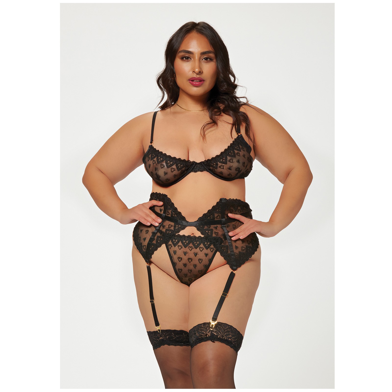 Valentine's Heart Embroidered Lace Bra, Waspie & Panty Set - Black