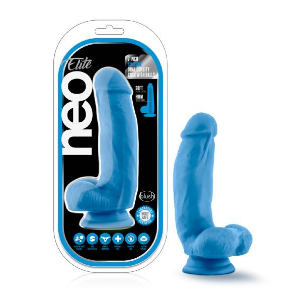 Neo Elite 7-Inch Silicone Dual Density Penis with Balls - Neon Blue