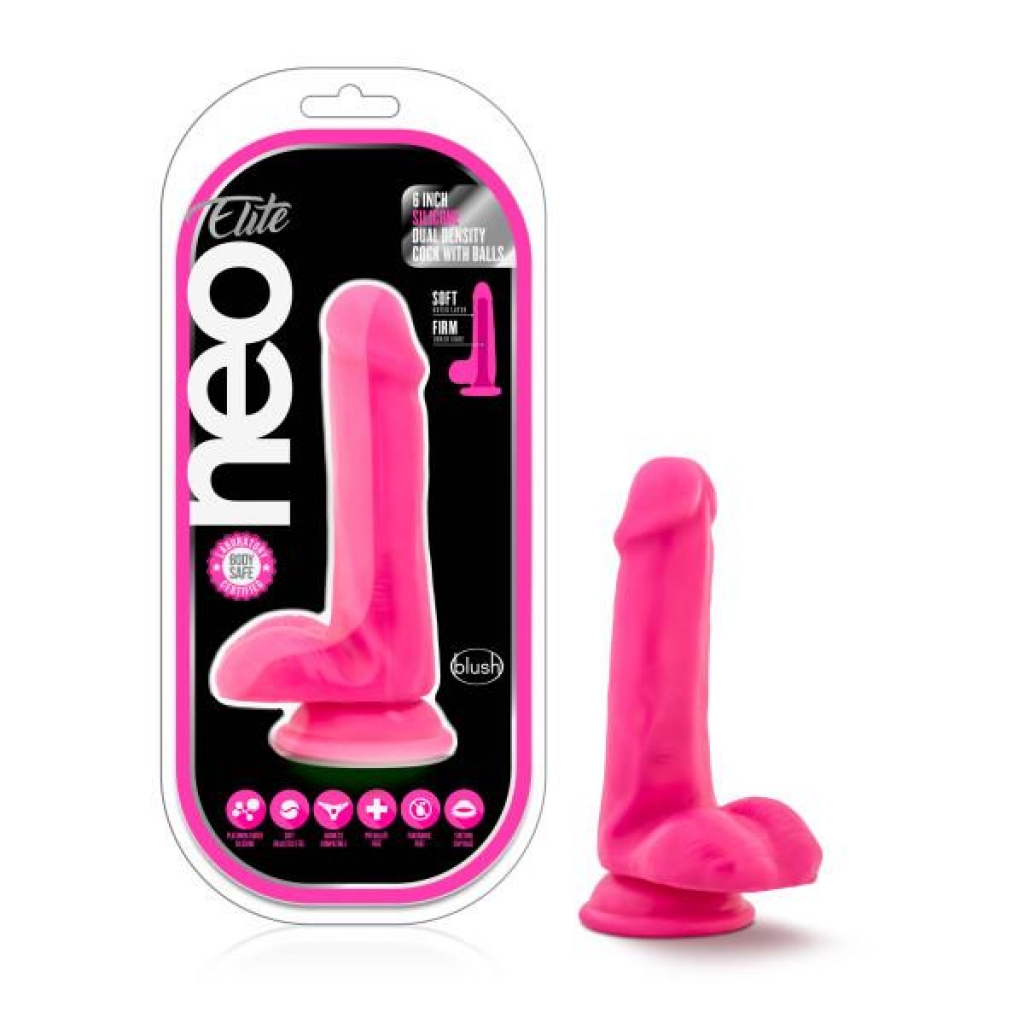 Neo Elite 6in Silicone Dual Density Penis W/ Balls - Realistic Pleasure in Neon Pink