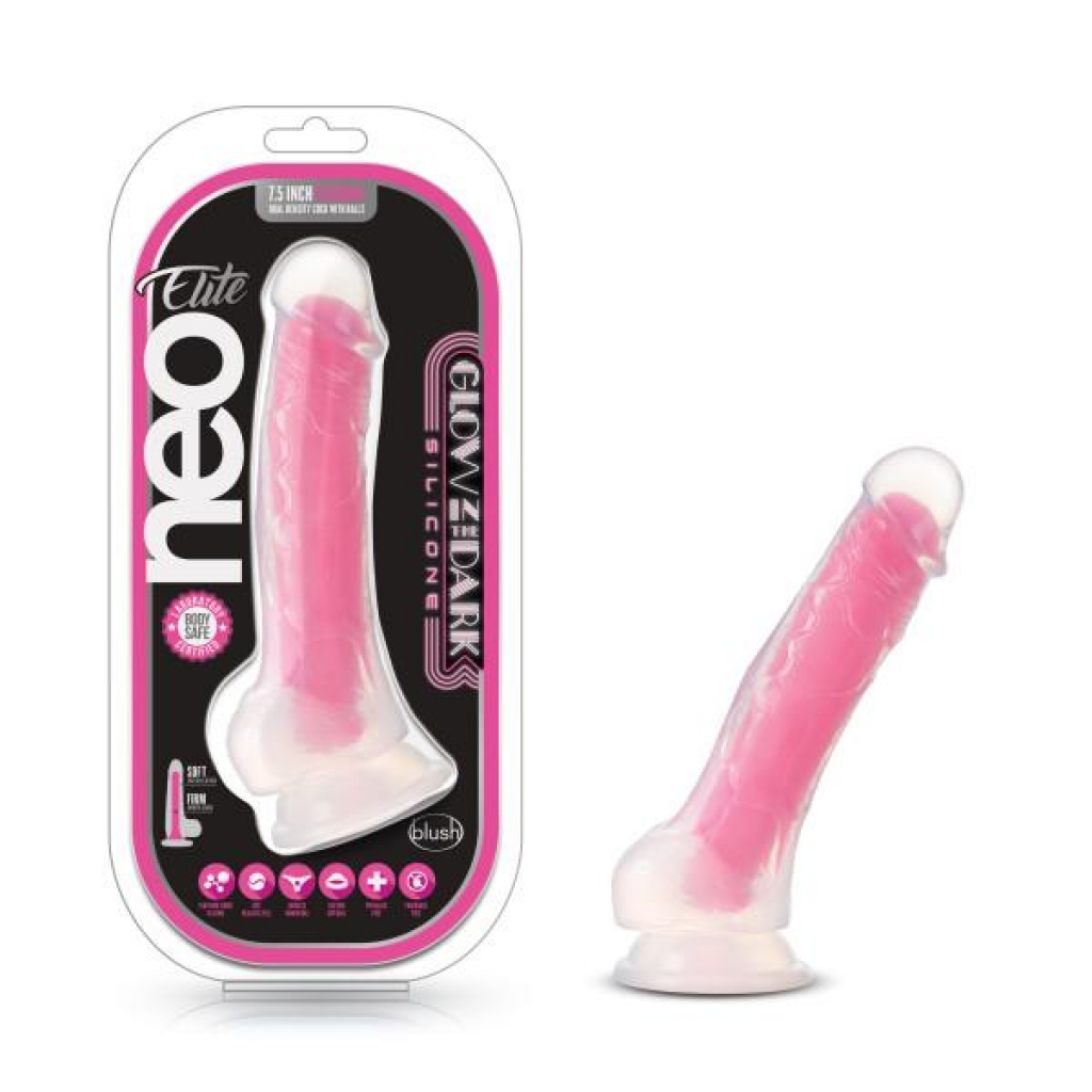 Neo Elite Glow In The Dark 7.5 In Silicone Penis W/ Balls Neon Pink