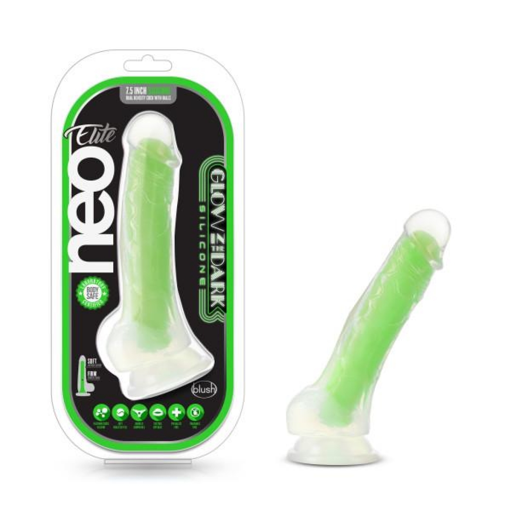 Neo Elite Glow In The Dark Silicone Dual Density Penis With Balls - Neon Green (7.5 In)