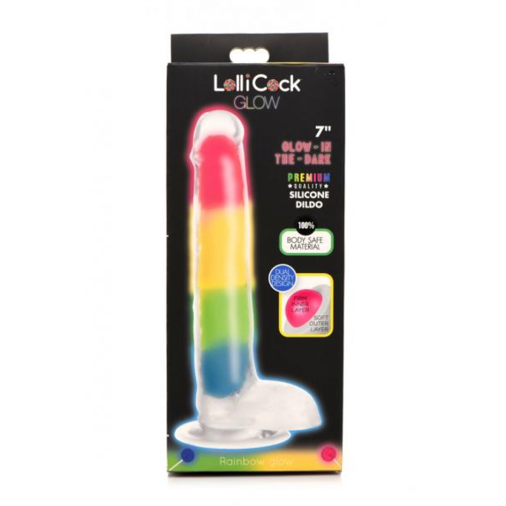 Lollipenis 7in Glow In The Dark Rainbow Silicone Dildo W/Balls