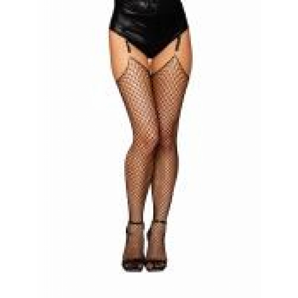 Raw Edge Top Diamond Net Stockings - Black O/S