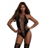 Cross Open Front Teddy and Stockings - Black O/S