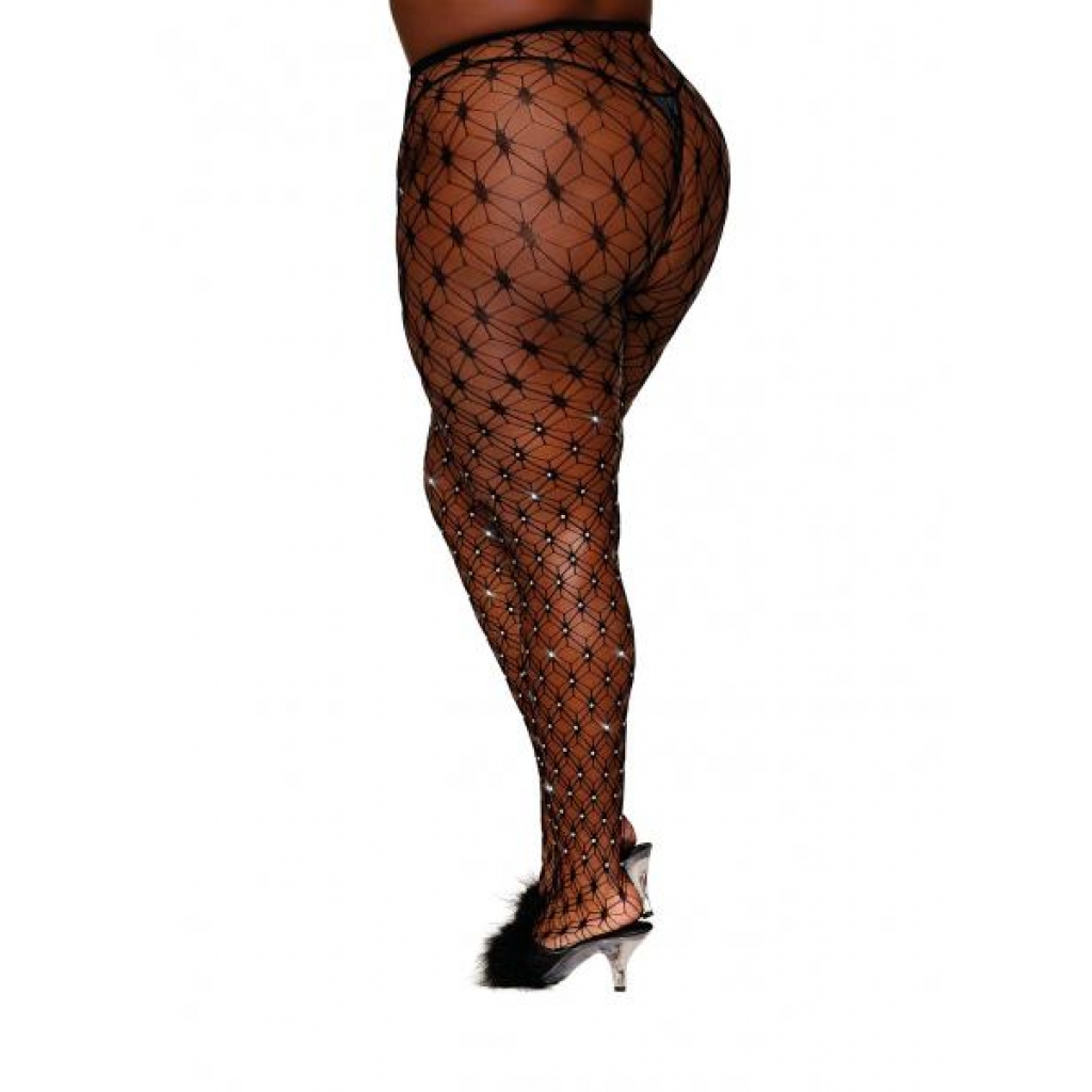 Geometric Fence Net Pantyhose with Rhinestones - Black Q/S