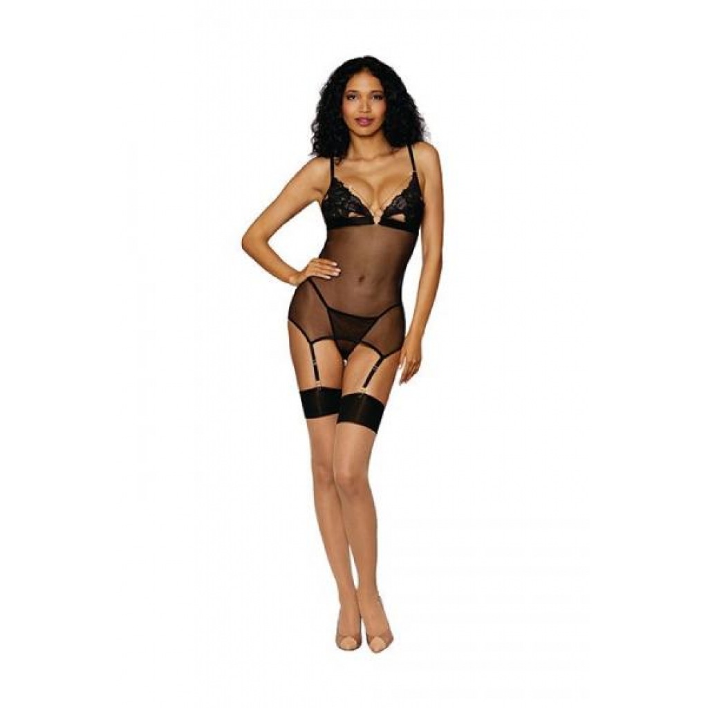 Lace & Mesh Garter Slip Set W/ Gold Hardware Black O/S