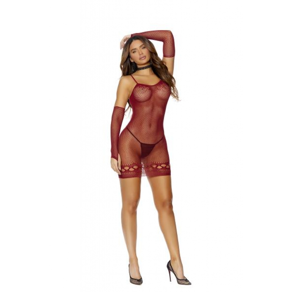 Crochet Mini Dress W/ Matching Gloves Burgundy