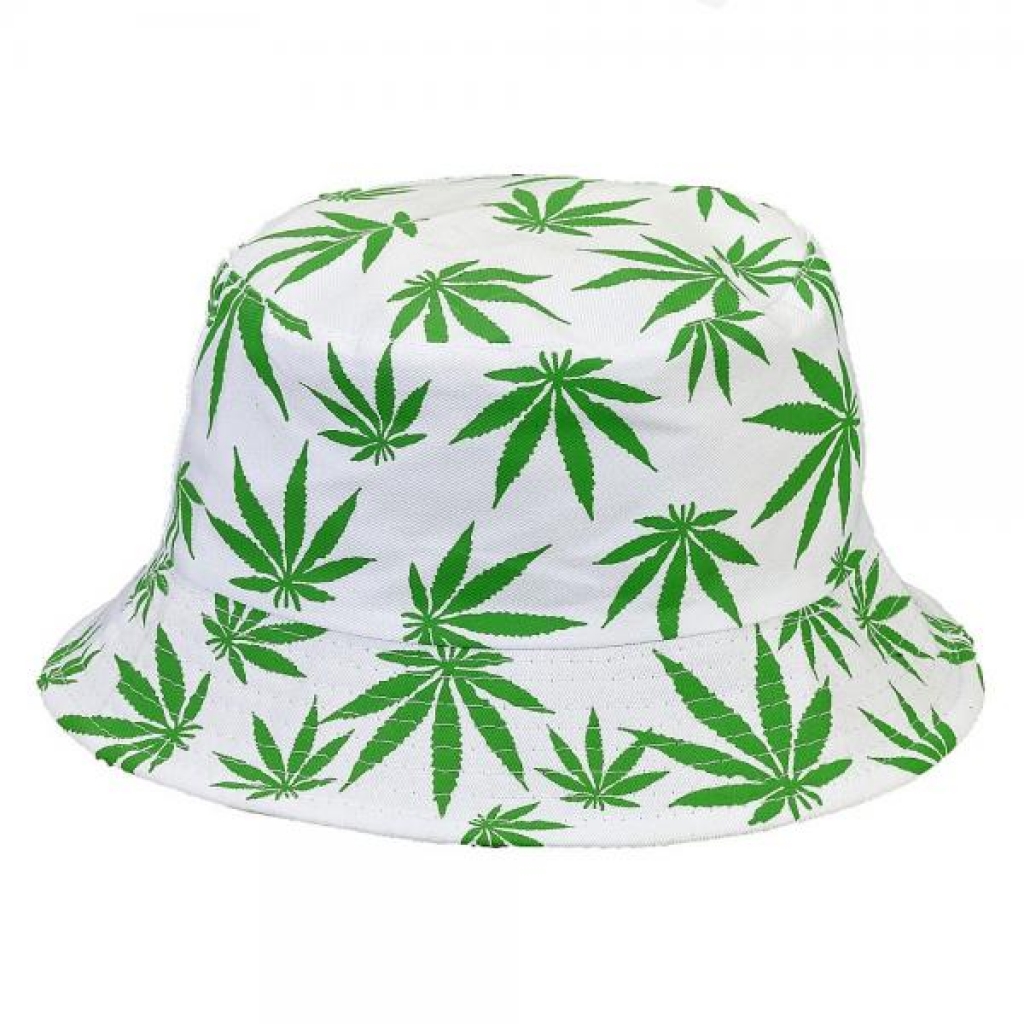 White Bucket Hat with Green Leaves - Fun in the Sun