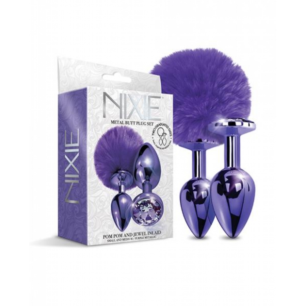 Nixie Metal Butt Plug Set - Pom Pom & Jewel Purple Metallic