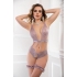 2PC Open Crotch Laced Teddy with Criss Cross Back - Gray Lilac