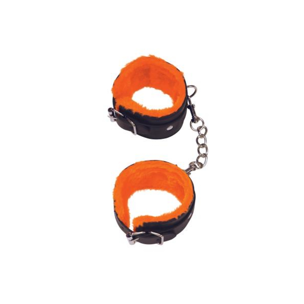 Faux Fur Lined Orange Handcuffs with Metal Chains