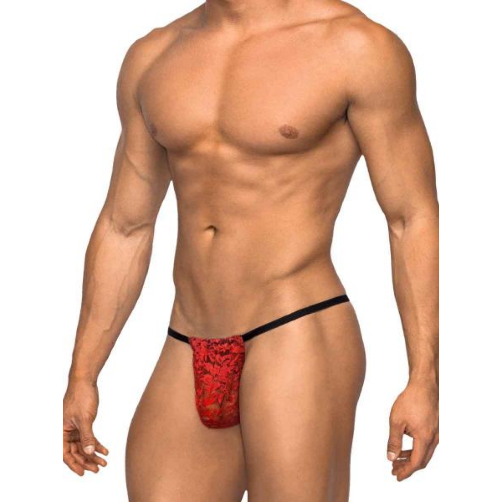 Male Power Posing Strap - Stretch Lace - Red - One Size