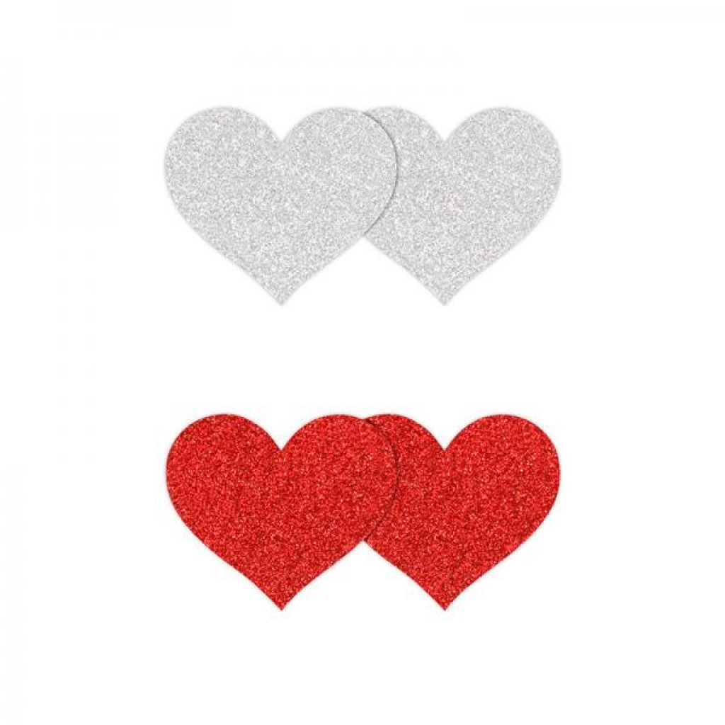 Enticing Red & Silver Glitter Heart Nipple Pasties - 2 Pairs