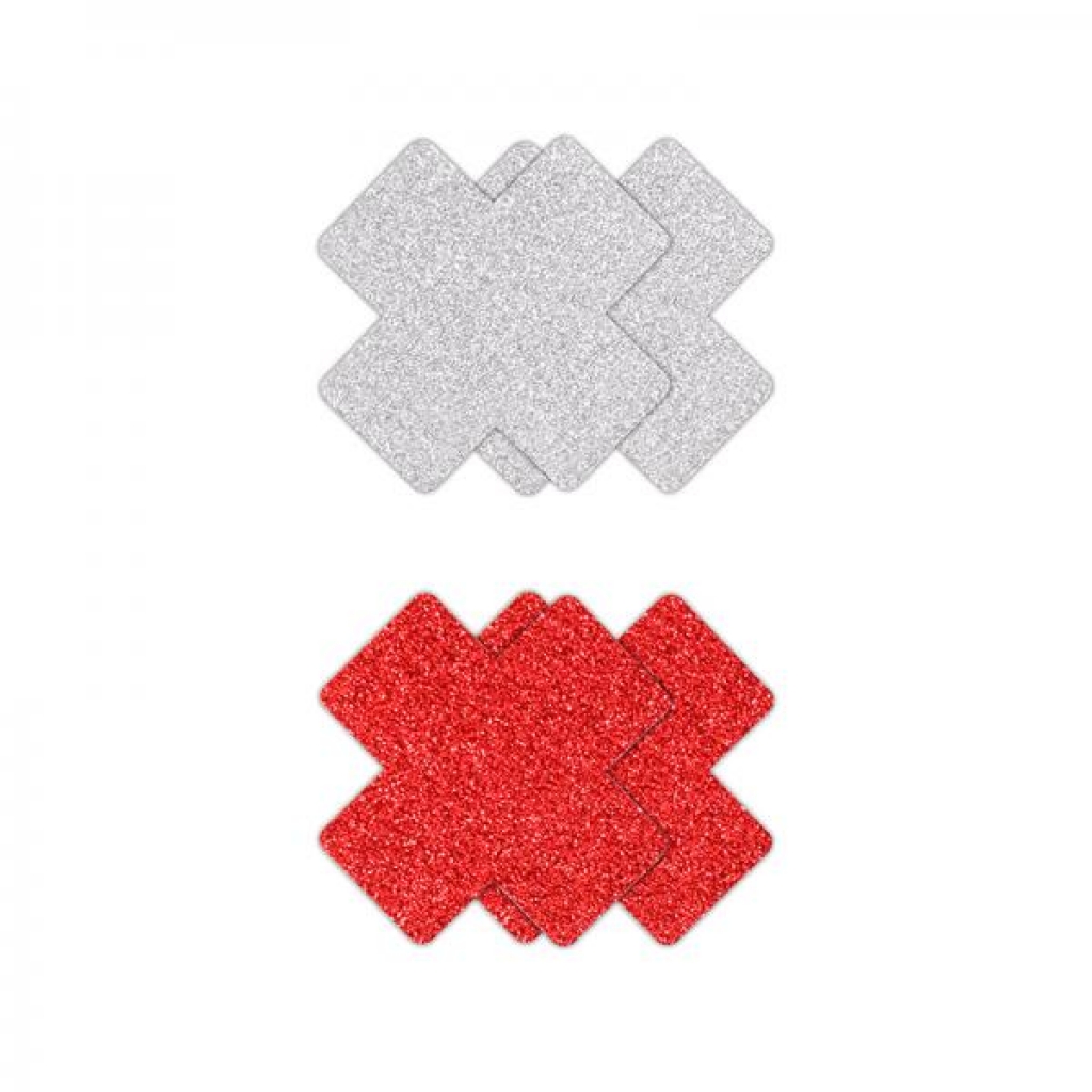 Pretty Pasties Glitter Cross - Red/Silver - 2 Pair