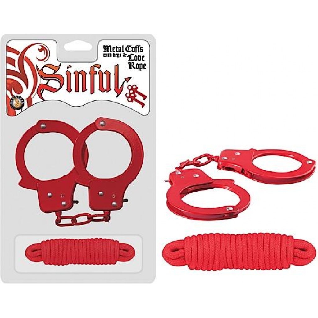 Metal Cuffs with Love Rope Red