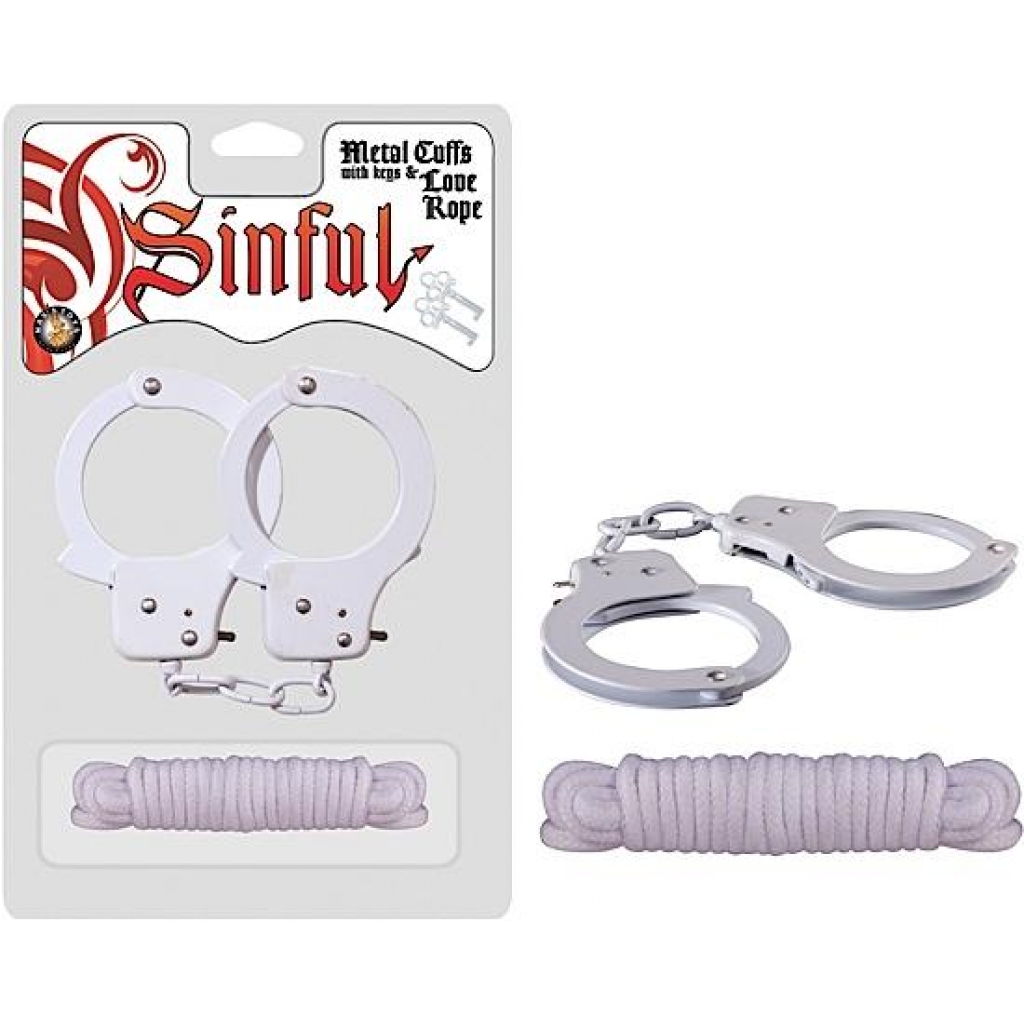 Metal Cuffs with Love Rope White - Elegant Bondage