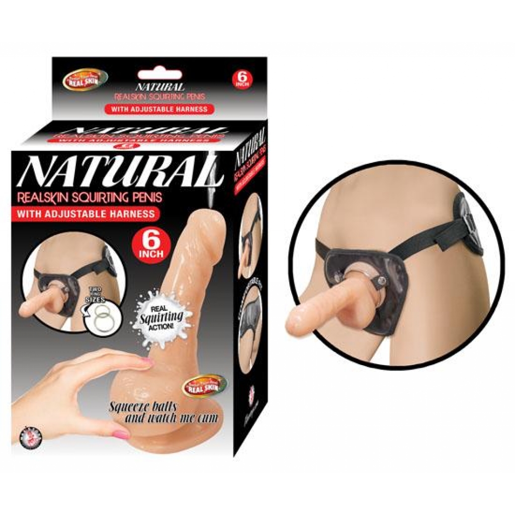 Natural Realskin Squirting Penis with Adjustable Harness - 6in Flesh