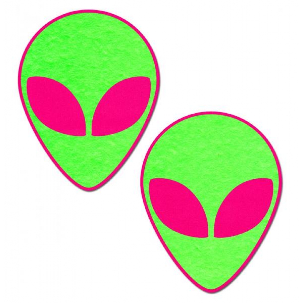 Pastease Neon Glowing Green Alien on Neon Pink Nipple Pasties