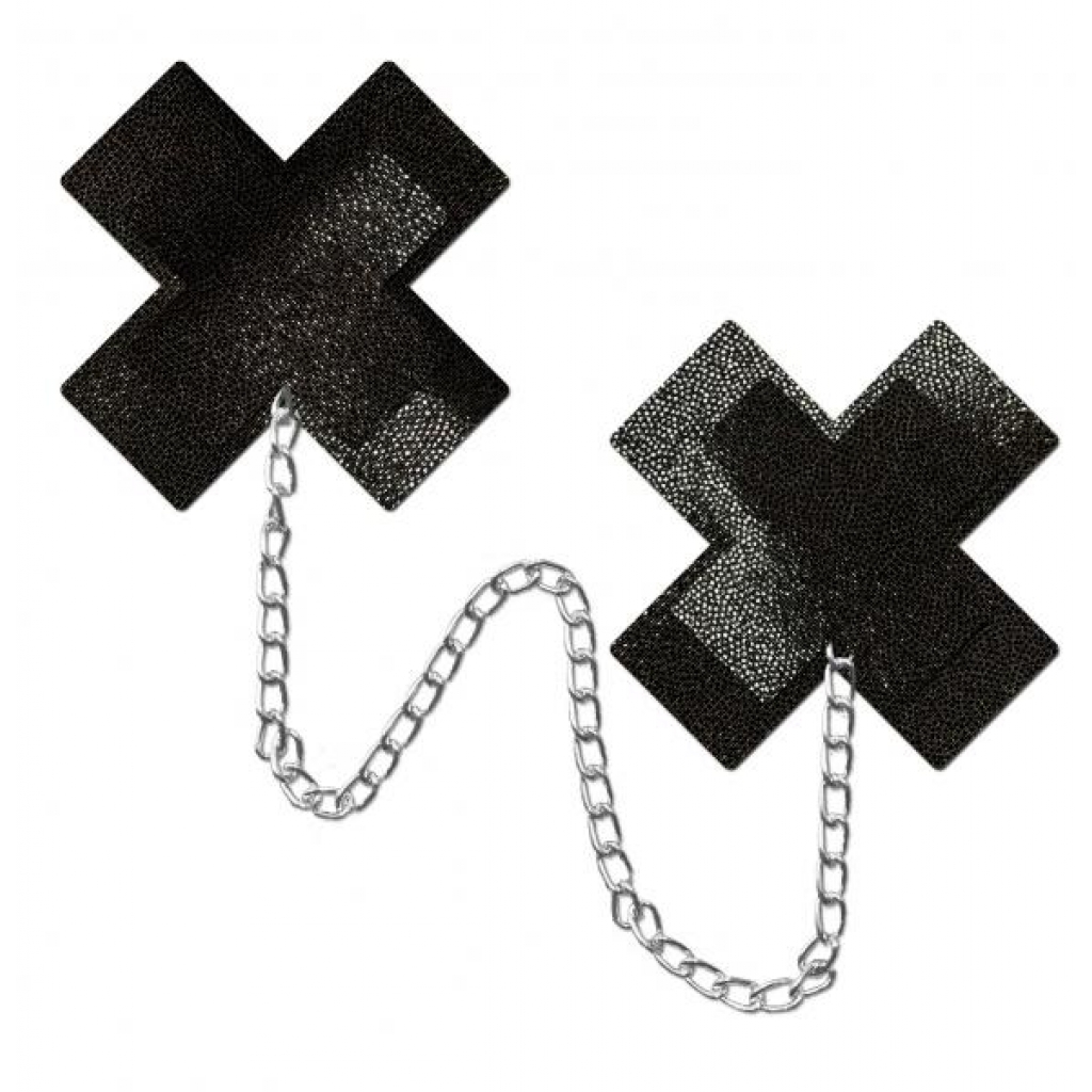 Pastease Chains Liquid Black X Cross with Chunky Silver Chain Nipple Pasties