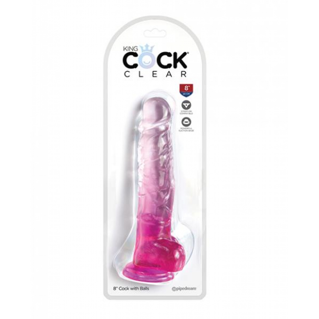 King Penis Clear 8-inch Dildo with Balls - Pink Color