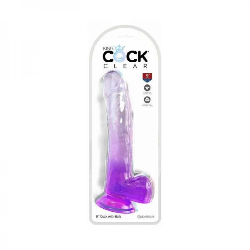 King Penis Clear 9in W/ Balls - Purple Base