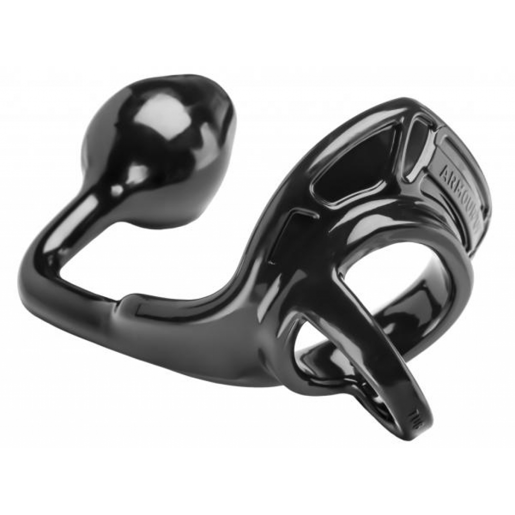 Armour Tug Lock Penis Ring with Butt Plug - Black