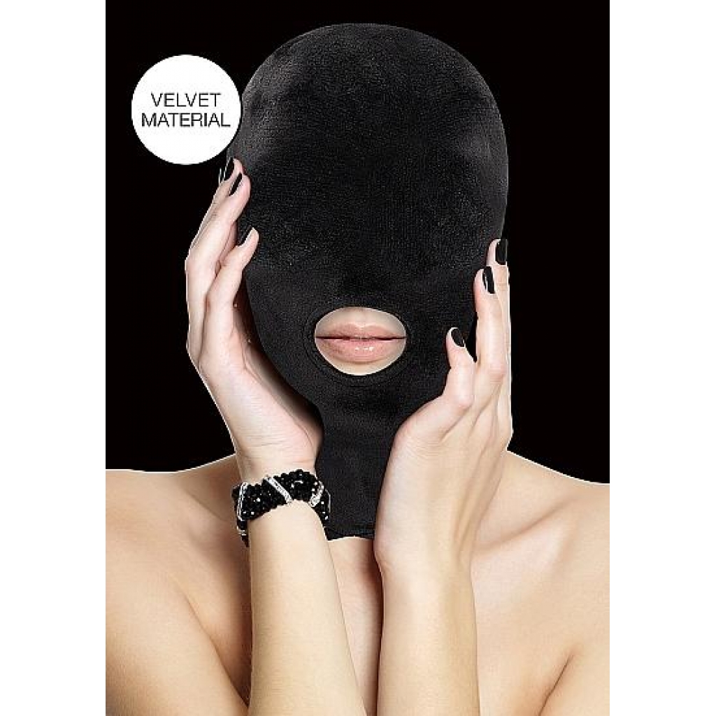 Velvet & Velcro Fetish Mask with Mouth Opening in Black