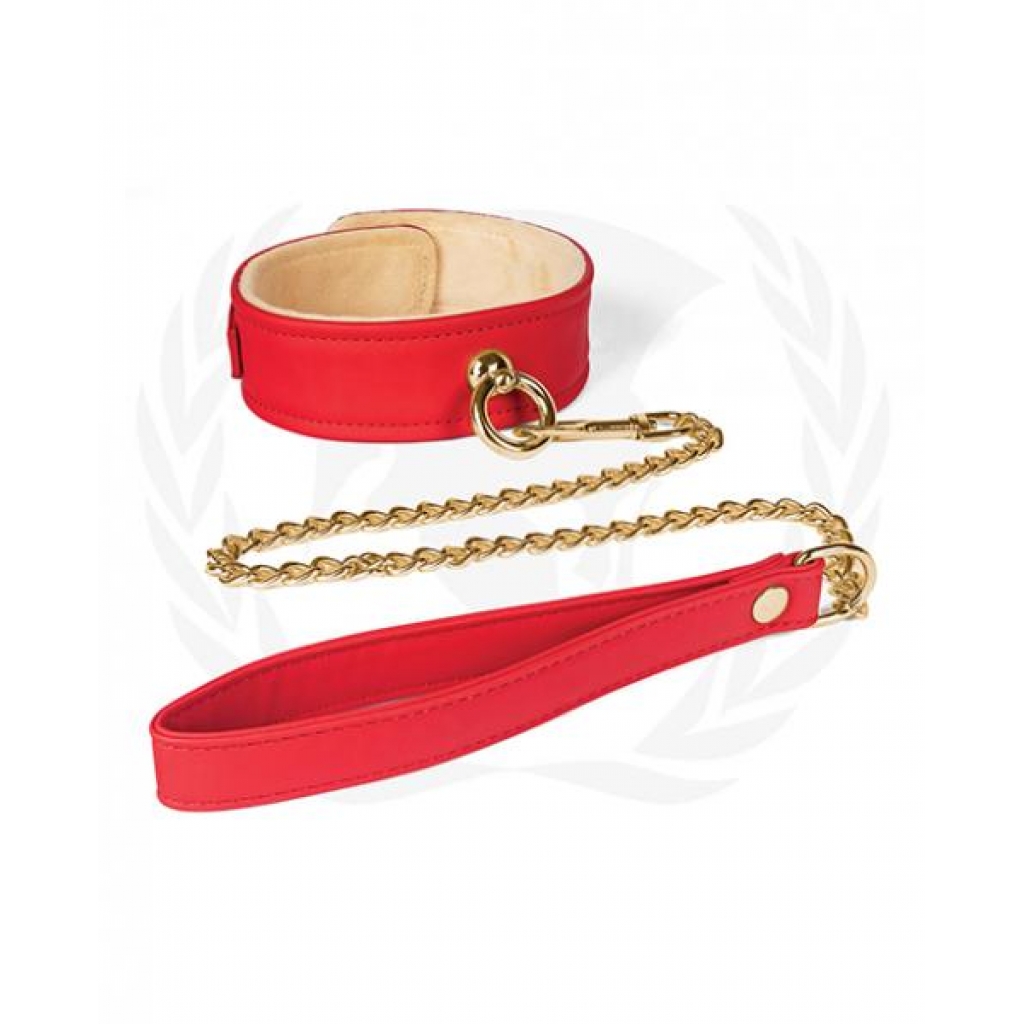 Plush Lined Red PU Collar & Chain Leash - Vegan Kink Accessory