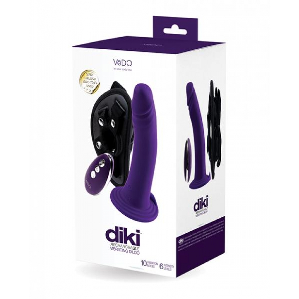 Vedo Diki Vibrating Dildo with Harness - Deep Purple