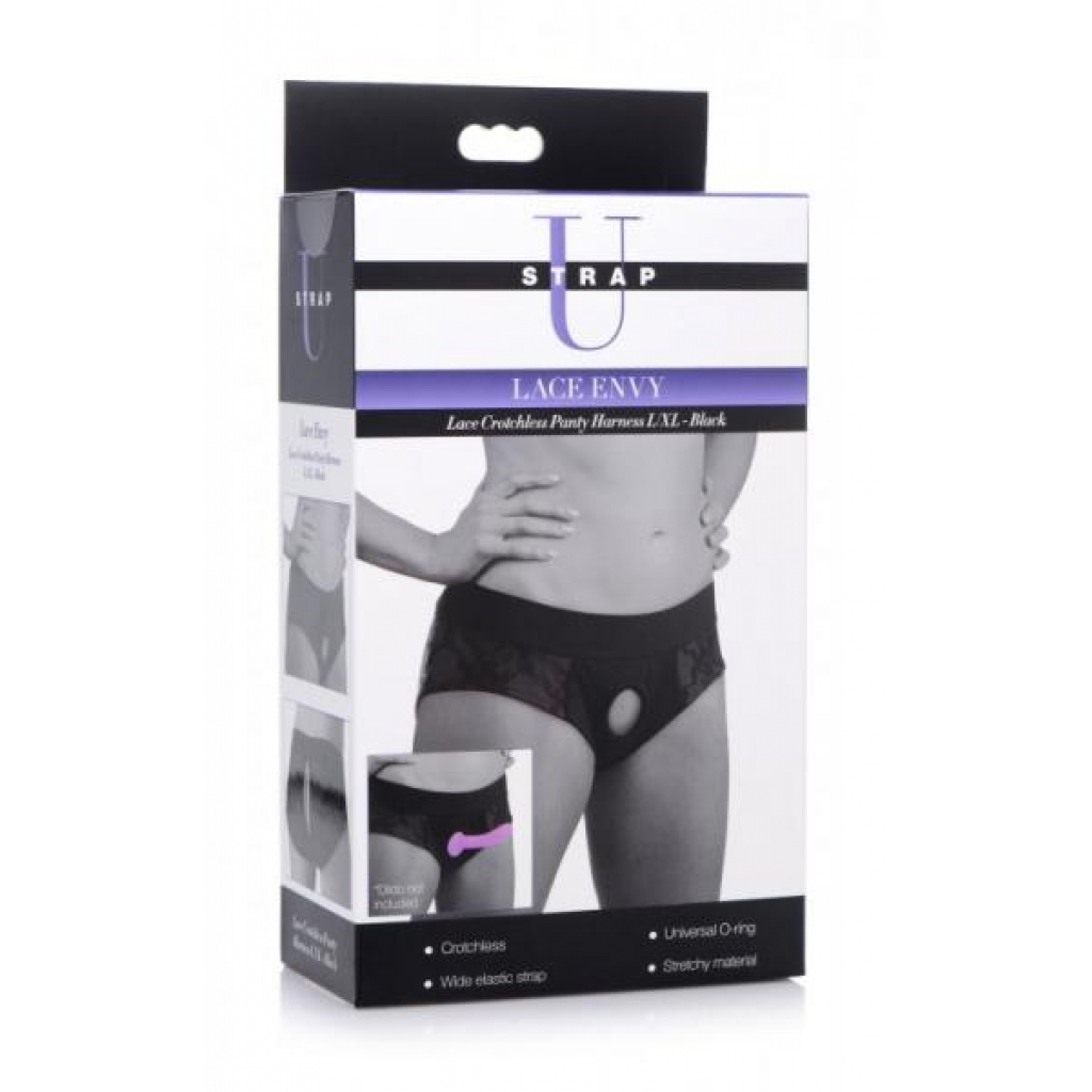 Strap U Lace Envy Crotchless Panty Harness - Black L/XL