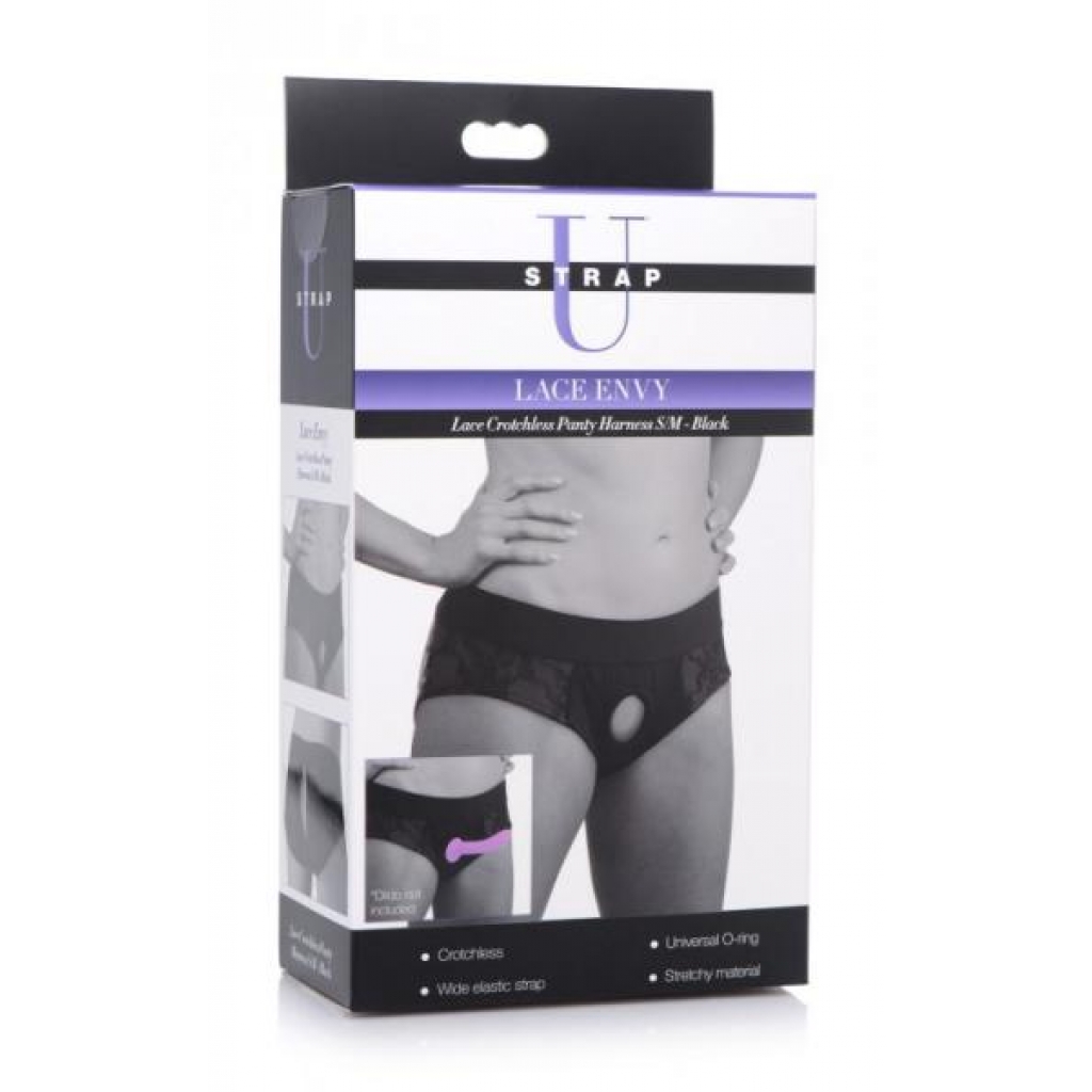 Strap U Lace Envy Crotchless Panty Harness Black S/M - Playfully Sensual