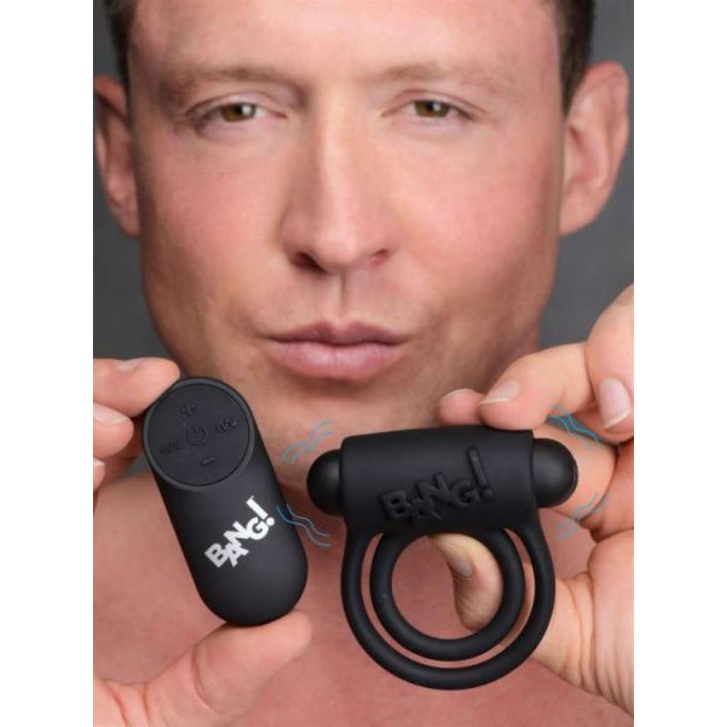 Bang! Silicone Penis Ring & Bullet w/ Remote - Black